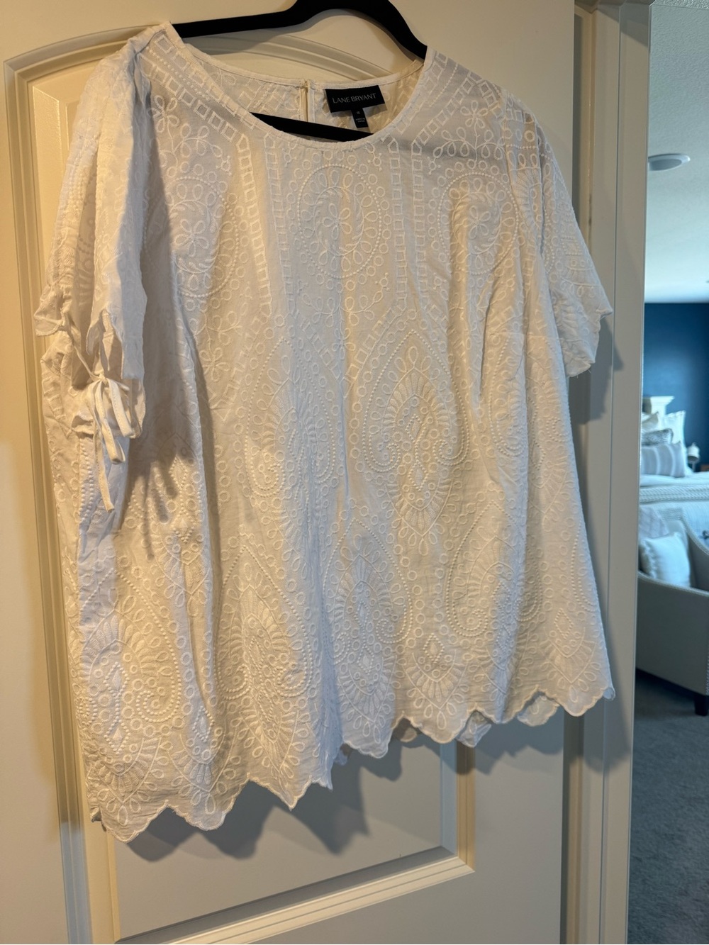 Lane Bryant White Eyelet Short Sleeve Tie-Sleeve Blouse
